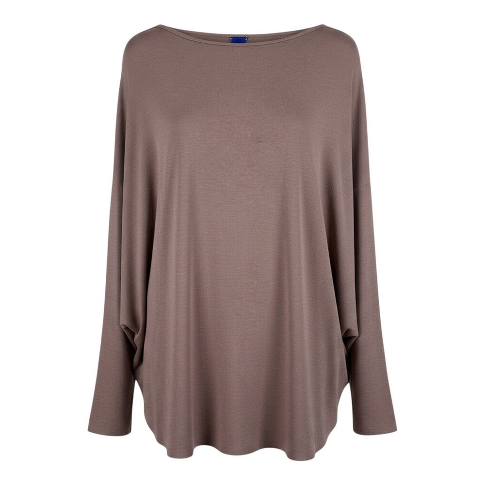 Kit and Ace mauve knit long sleeve top with wide crew neckline, drop shoulders,
